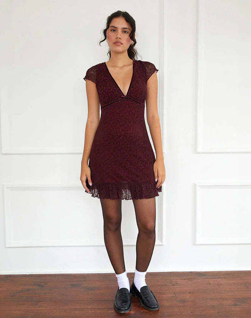 motel burgundy dress Motel luth ditsy flock long sleeve mini dress in burgundy