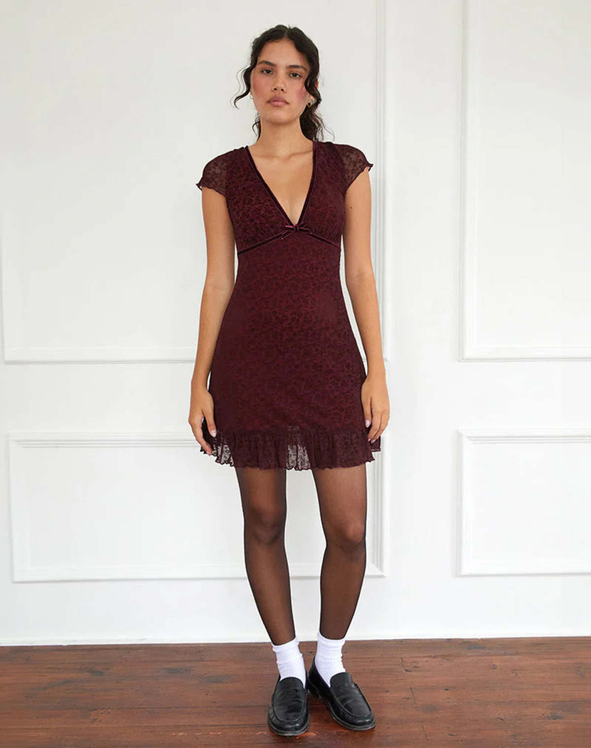 motel burgundy dress Gabriela Midi Dress in Botanical Flower Maroon , V Neck , Plunge Neckline main image 1