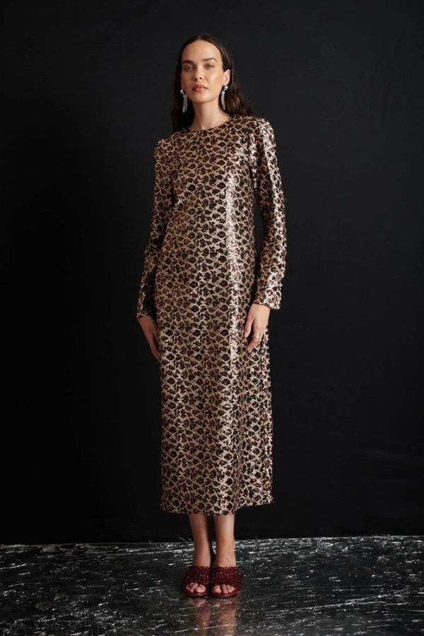 Sister Jane Yara Sequin Leopard Midi Dress - Gold/Brown | Garmentory