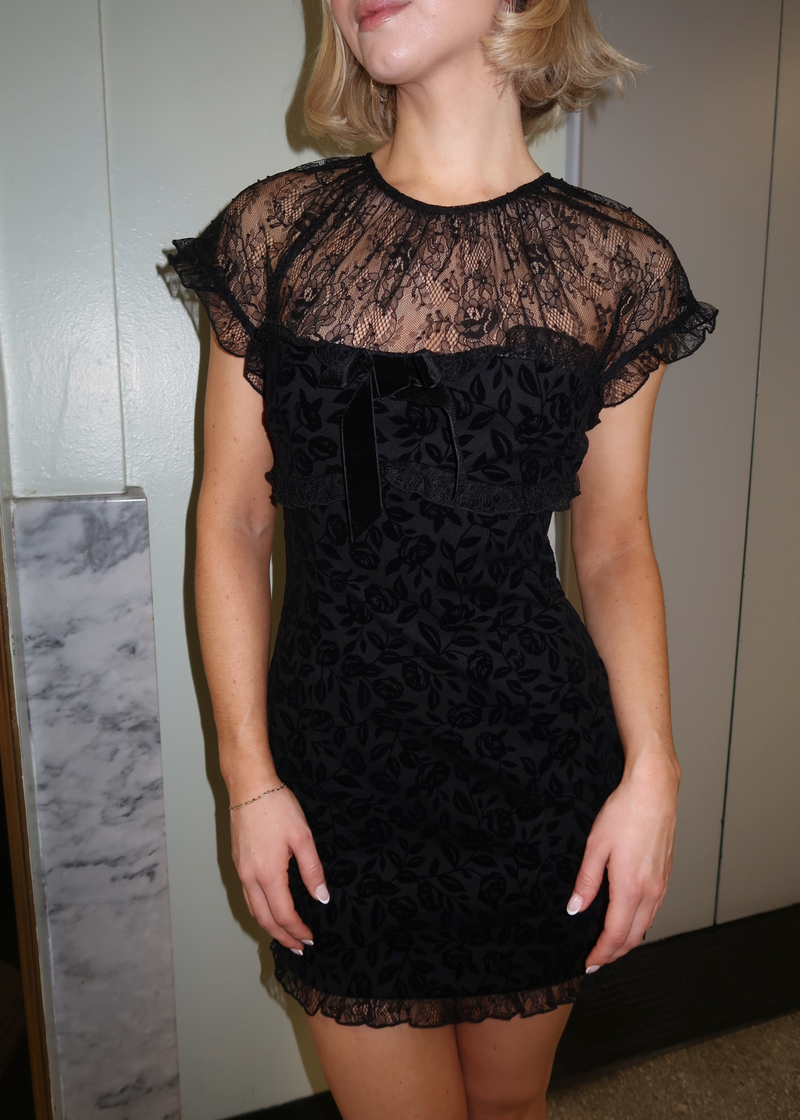 knee length dresses for ladies Petal & Pup Women's Cynthia Lace & Velvet Long Sleeve Minidress - Black