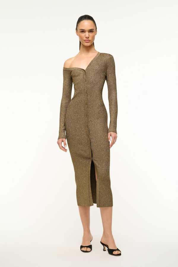 green emerald velvet dress Gold Beaded Georgette Long Sleeve Fitted Midi Dress main image 0