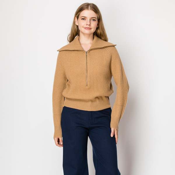 w. Cashmere Tori Fisherman Half Zip Up Cashmere Pullover - Sand w. Cashmere Tori Fisherman Half Zip Up Cashmere Pullover - Sand