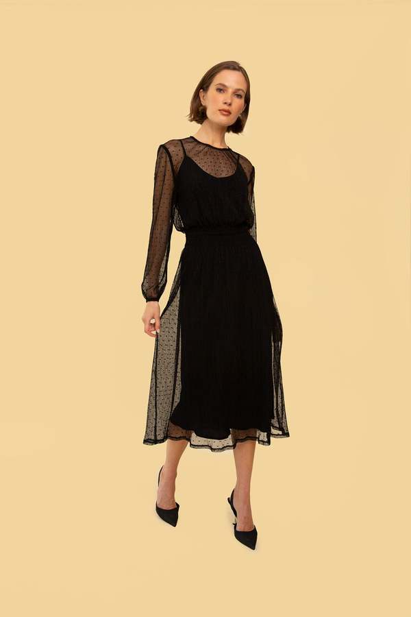 Whimsy + Row Greta Dress - Black Sheer Polka Dot | Garmentory