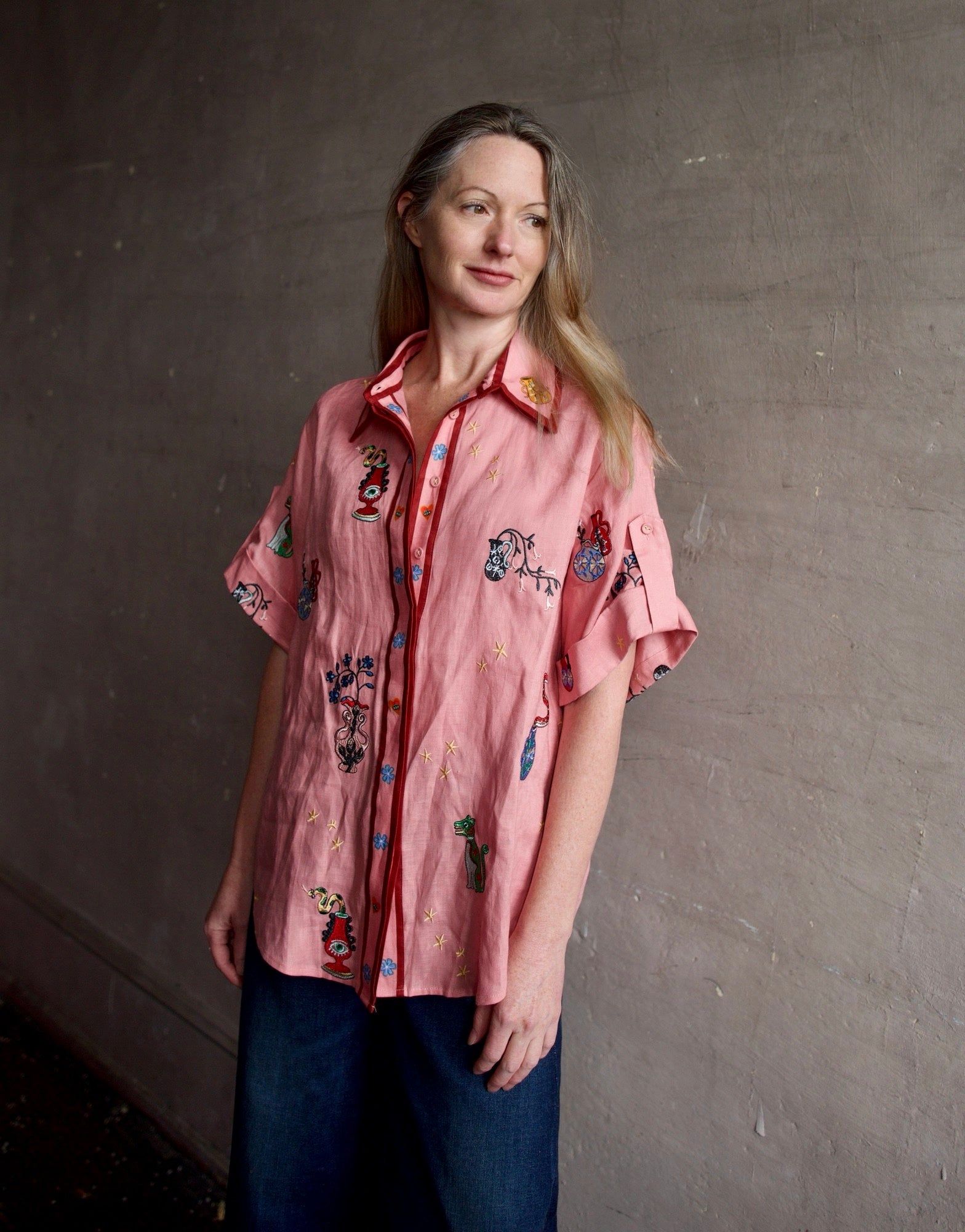 timmy embroidered mini dress ALMAIS Timmy Short-Sleeve Embroidered Linen Mini Dress
