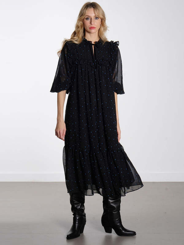 stella nova Midi Flock Printed Flounce Dress - Black/Blue | Garmentory stella nova Midi Flock Printed Flounce Dress - Black/Blue | Garmentory