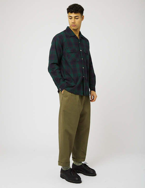 Beams Plus 2 Pleat Twill Trousers - Olive Green | Garmentory