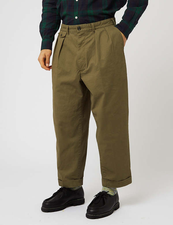 Beams Plus 2 Pleat Twill Trousers - Olive Green | Garmentory