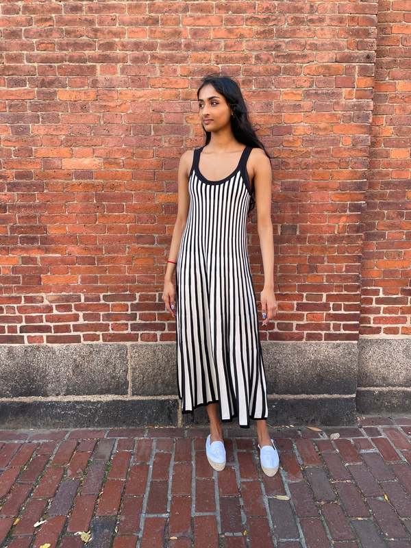 striped tank dress black white MO&Co. Noir Striped Linen Maxi Tank Dress - Distressed Collar