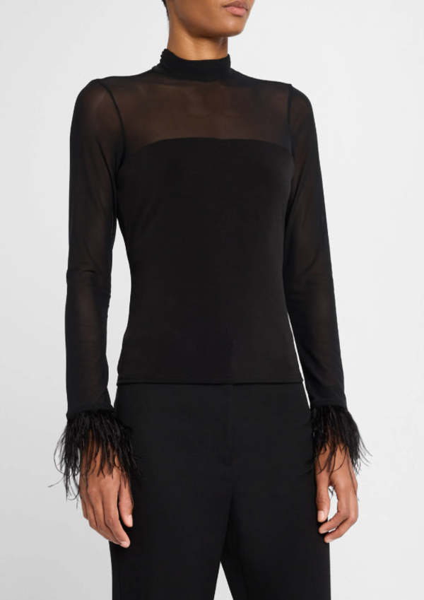 Cinq a Sept Feather Trim Shantel Top - Black