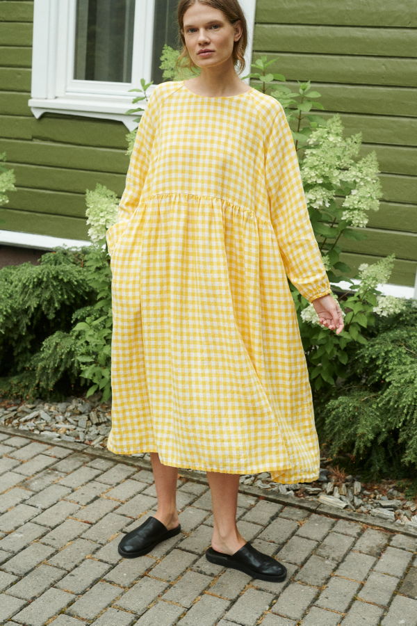 Linenfox Margo Gingham Linen Dress - Yellow