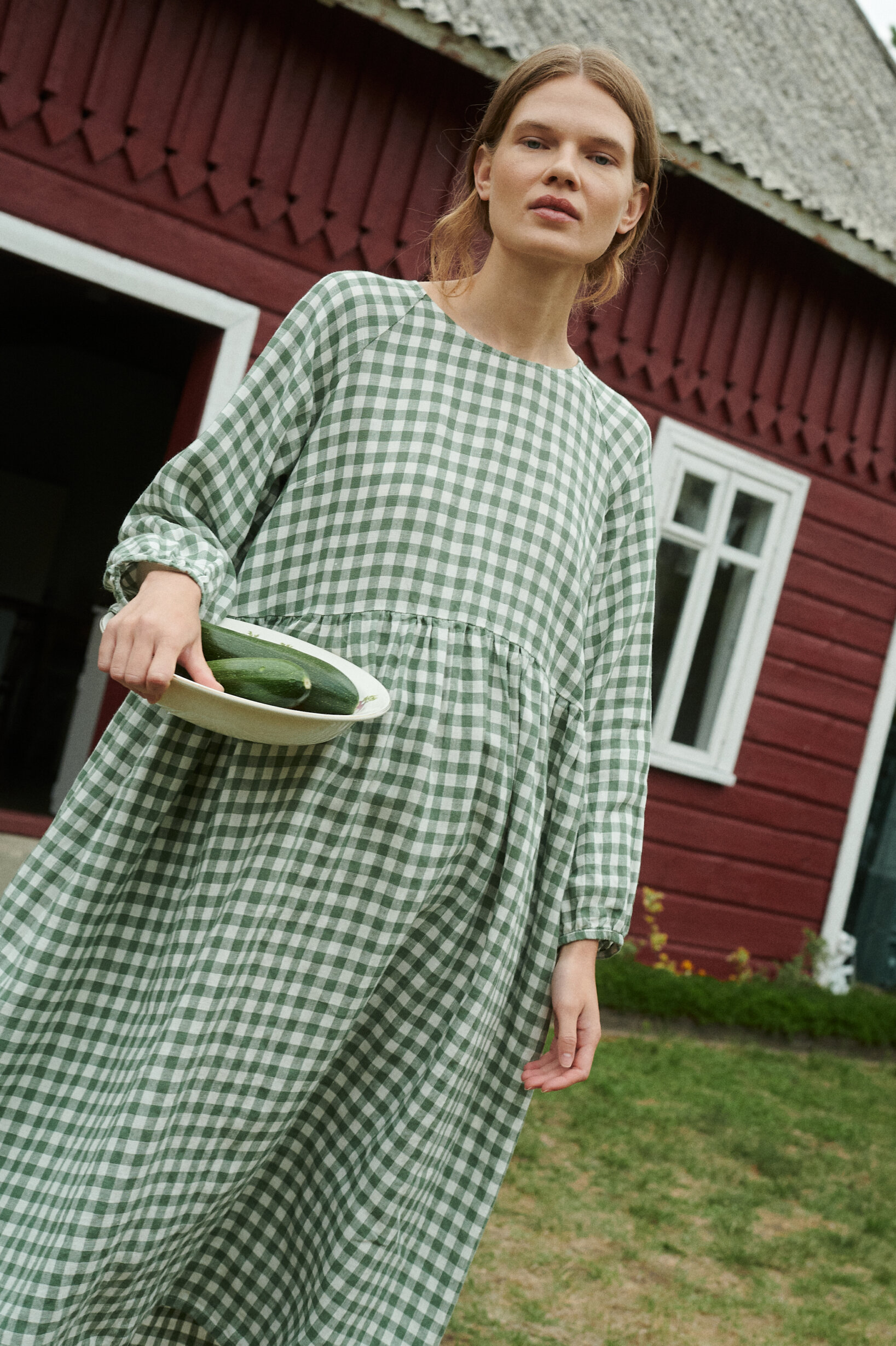 Linenfox Margo Gingham Linen Dress - Green Gingham | Garmentory