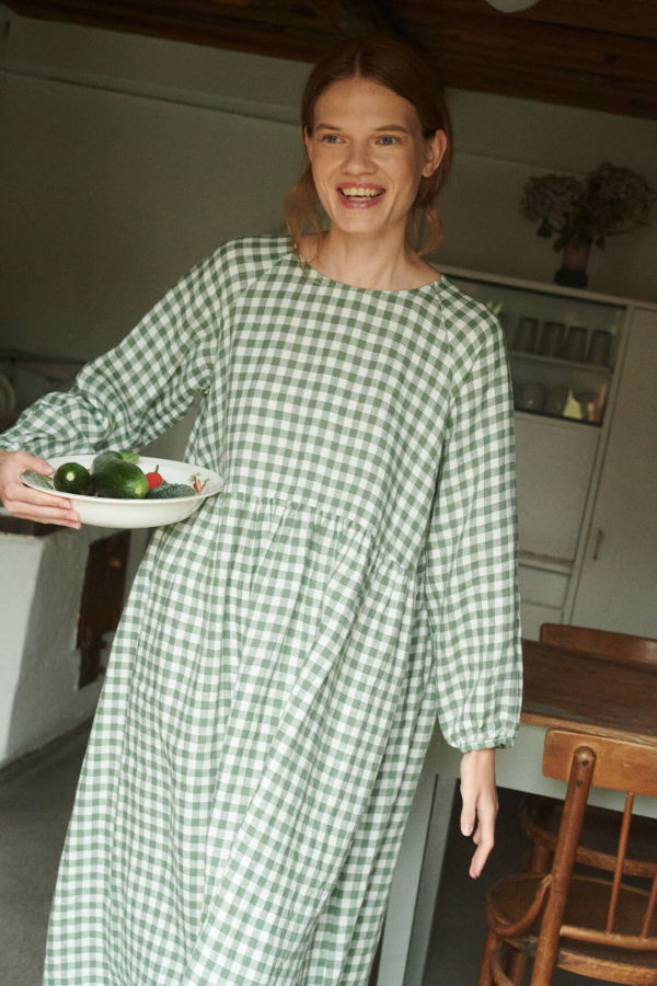 Linenfox Margo Gingham Linen Dress - Green Gingham