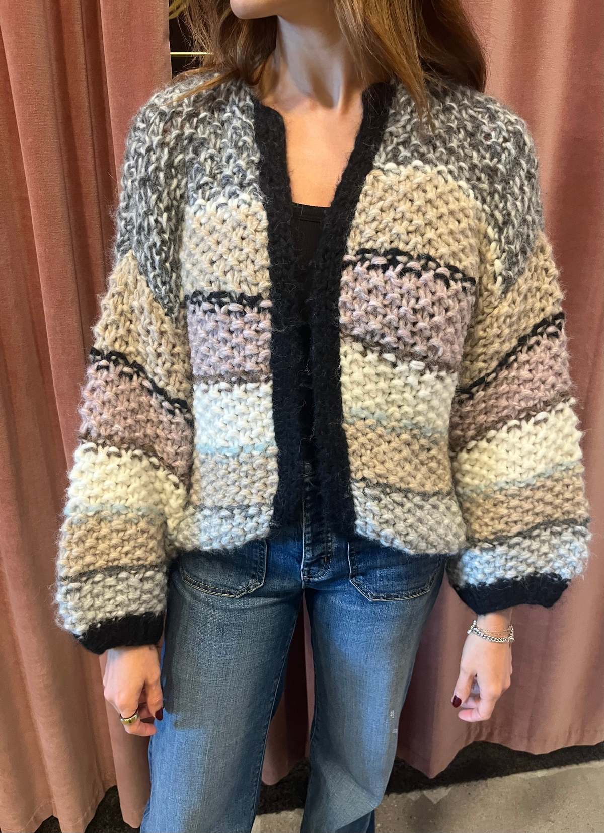 Maiami Alpaca Pearl Pattern Bomber Striped Cardigan - Classic