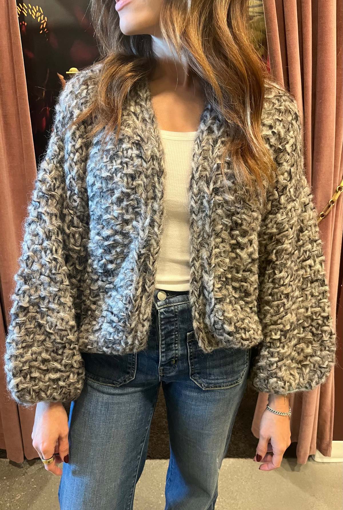 Maiami Fleecy Alpaca Pearl Pattern Bomber Cardigan - Dark Melange - Image 1 of 2