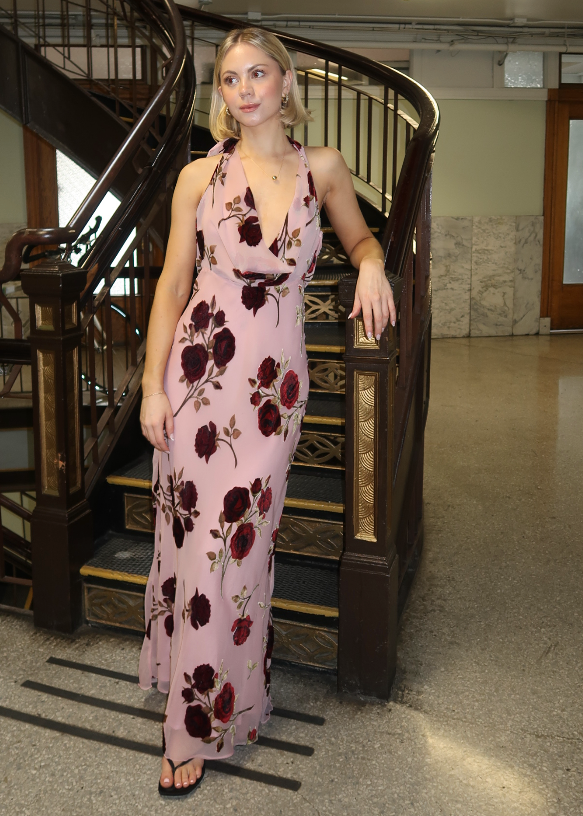 For Love Lemons Rose Velvet Halter Maxi Dress Pink