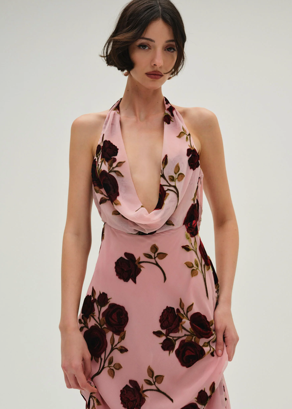 For Love & Lemons Rose Velvet Halter Maxi Dress - Pink