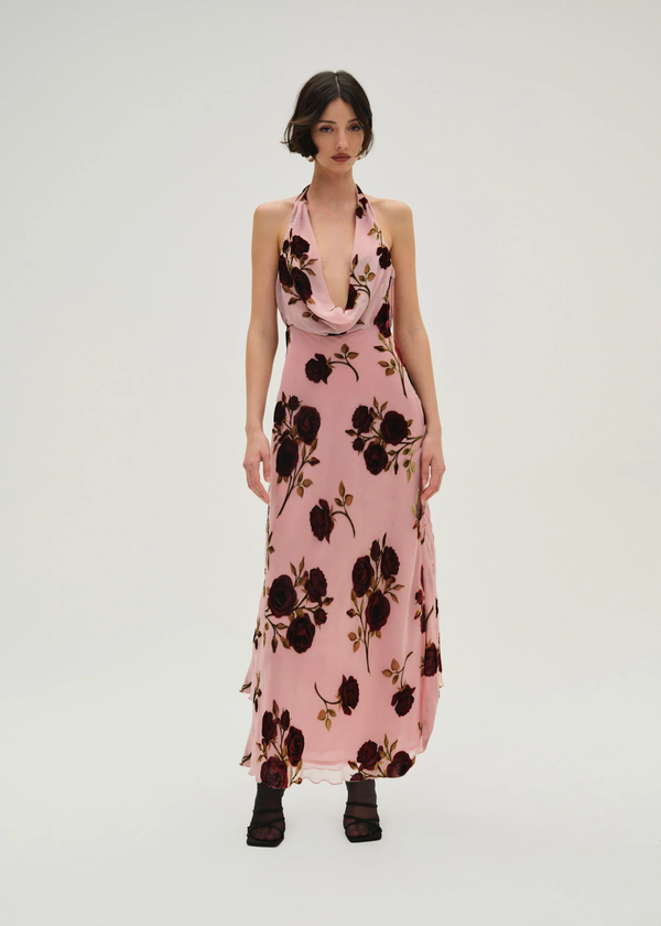 For Love & Lemons Rose Velvet Halter Maxi Dress - Pink | Garmentory