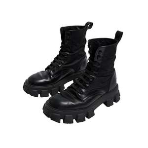 Prada Calfskin Leather Monolith Combat Military Boots - Black