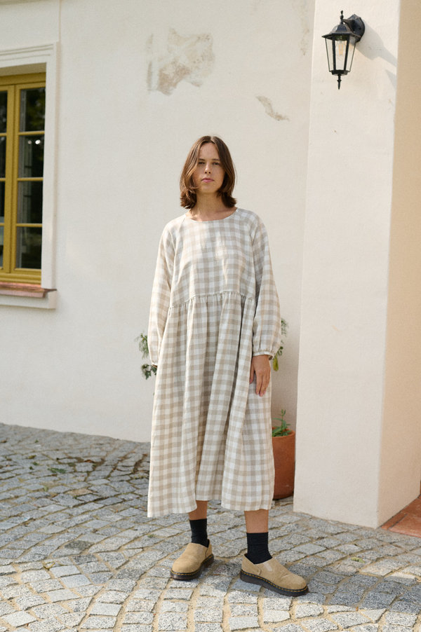 Linenfox Margo Gingham Linen Dress - Natural/Grey Gingham | Garmentory