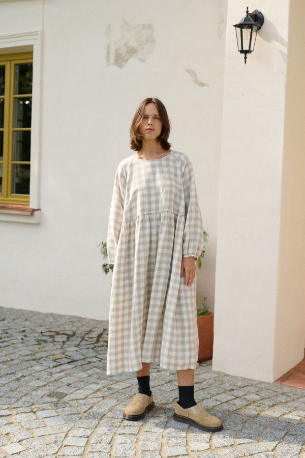 Linenfox Margo Gingham Linen Dress - Natural/Grey Gingham