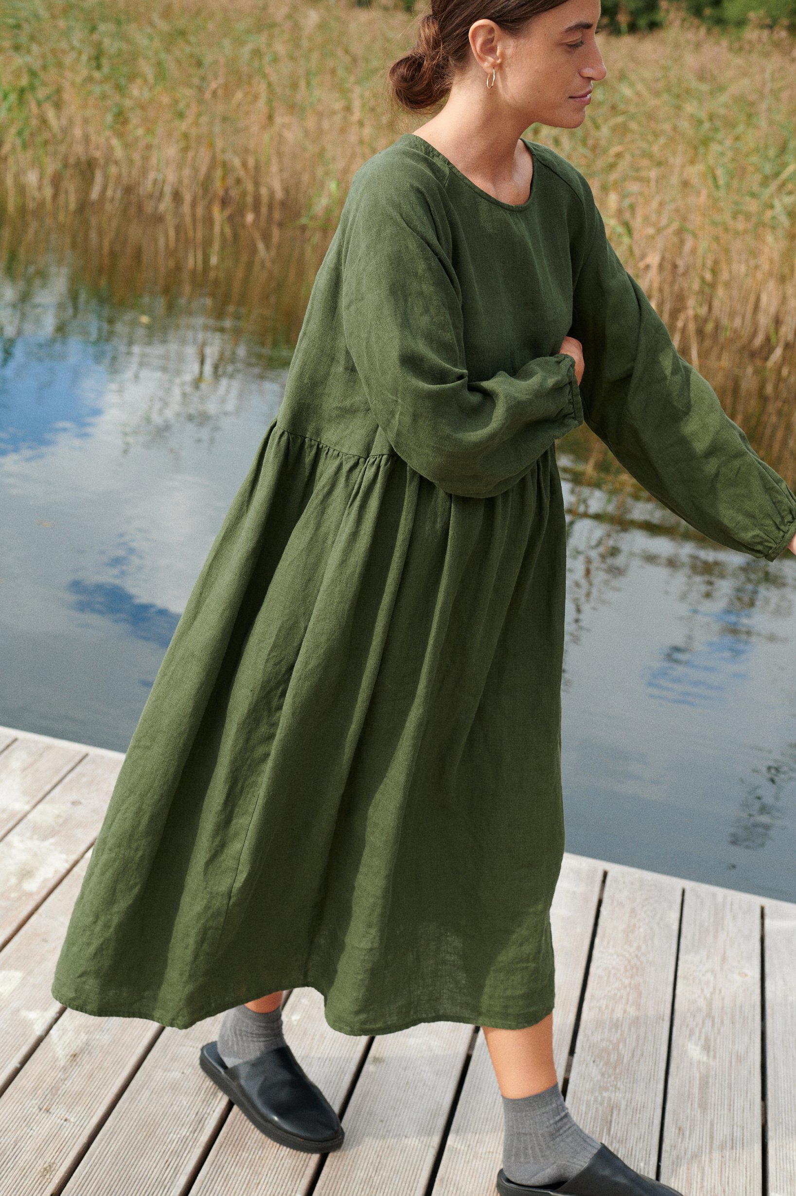 knee length dresses for ladies Portillo Linen Blend Mini Dress Olive main image 0