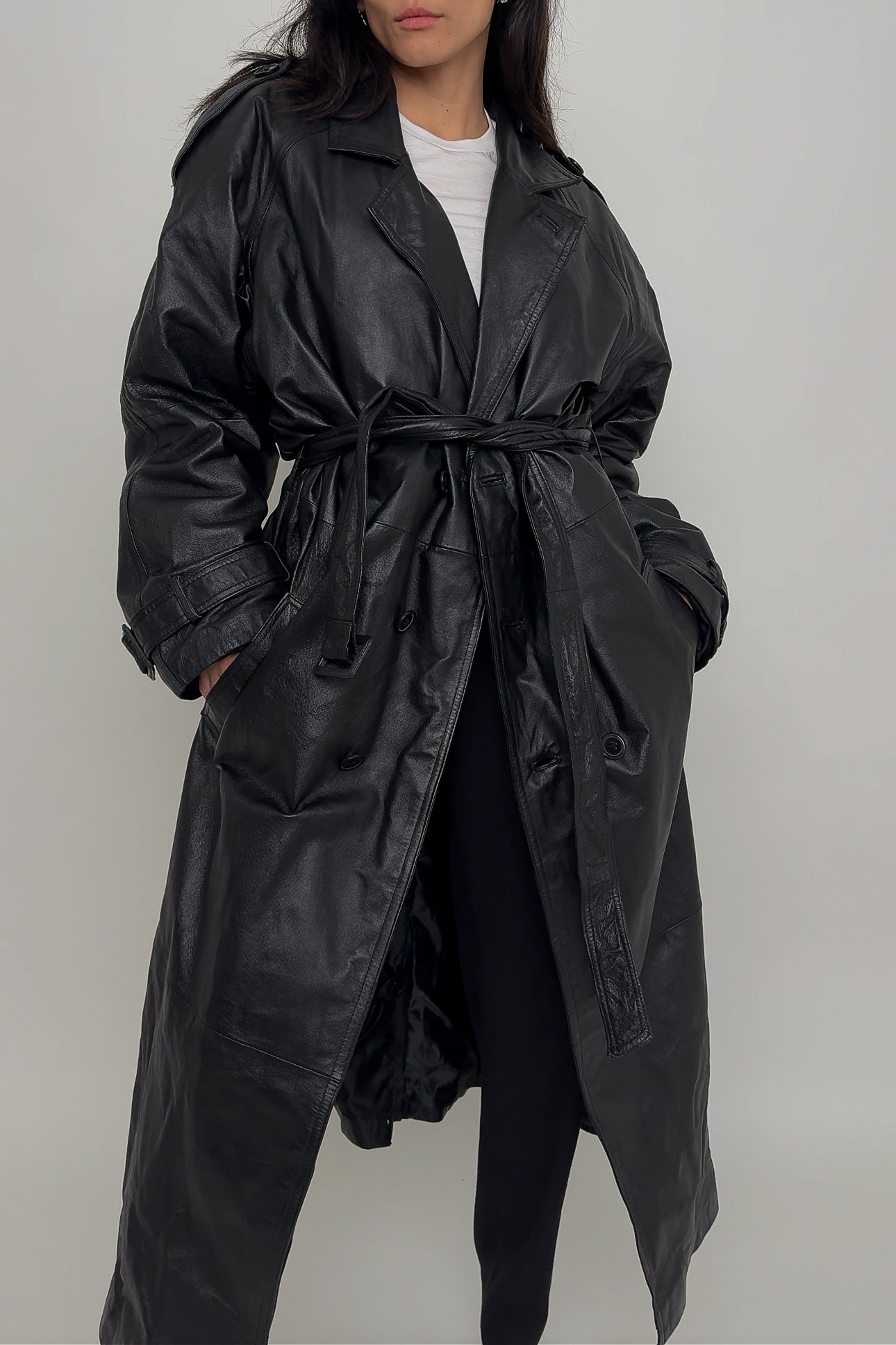 Vintage 90s Leather Double Breasted Trench Coat - Raven | Garmentory