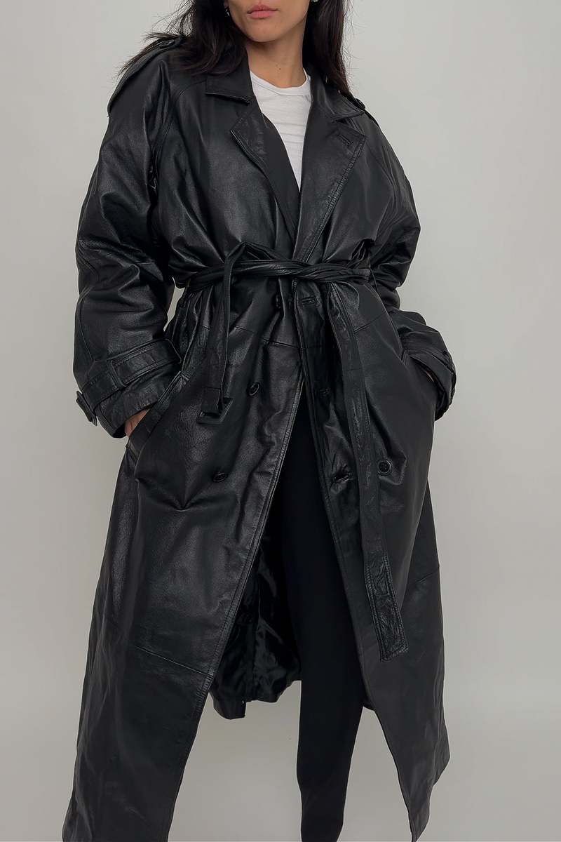 Vintage 90s Leather Double Breasted Trench Coat - Raven | Garmentory