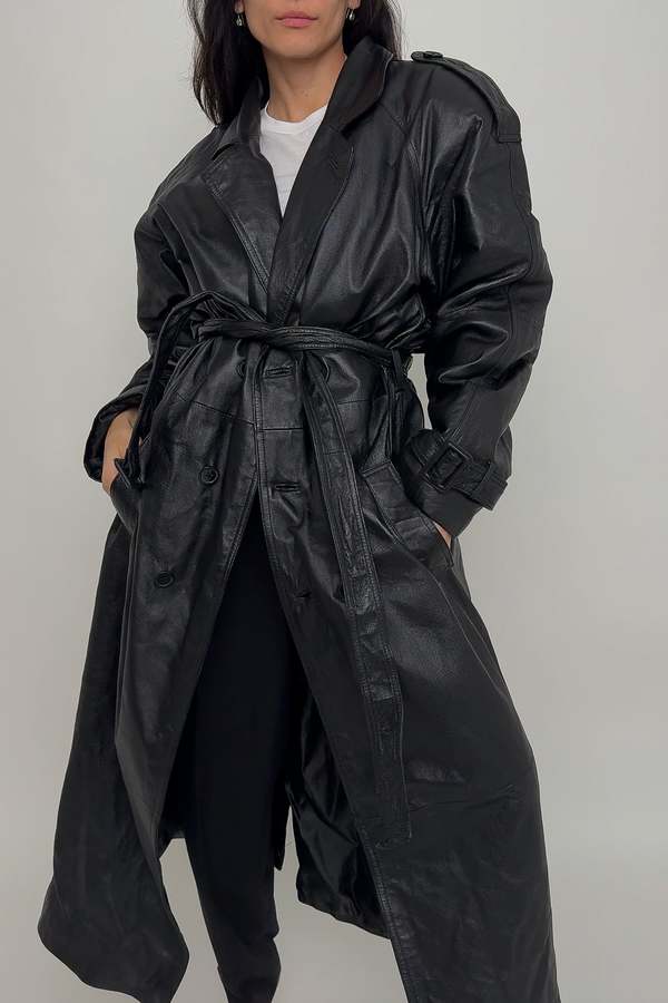 Vintage 90s Leather Double Breasted Trench Coat - Raven | Garmentory