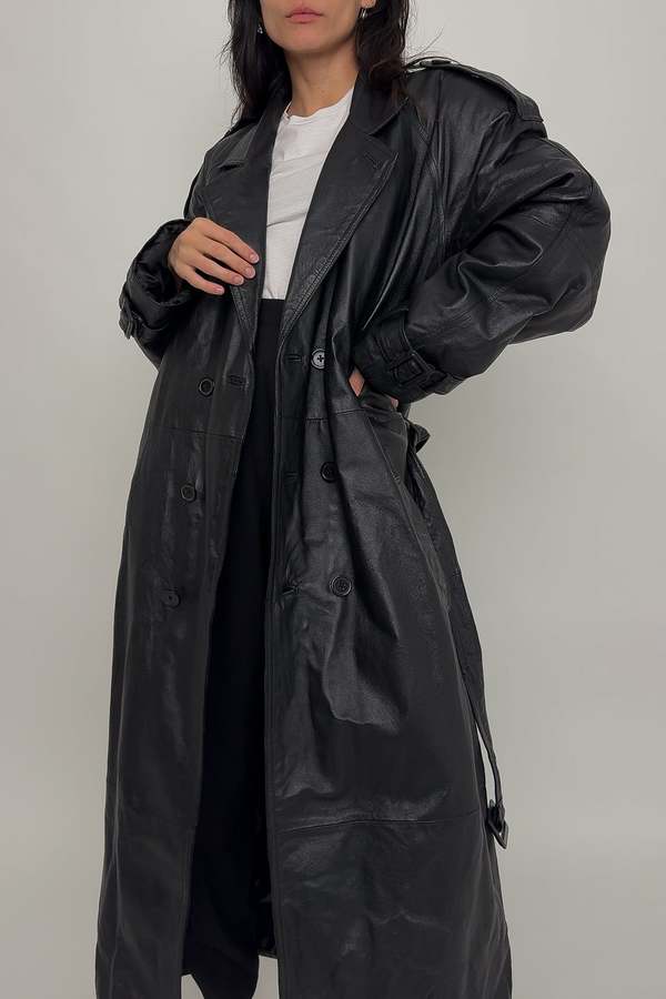 Vintage 90s Leather Double Breasted Trench Coat - Raven | Garmentory