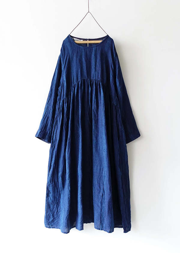 Ichi Antiquites Linen Dobby Stripe Dress Dark Indigo Garmentory