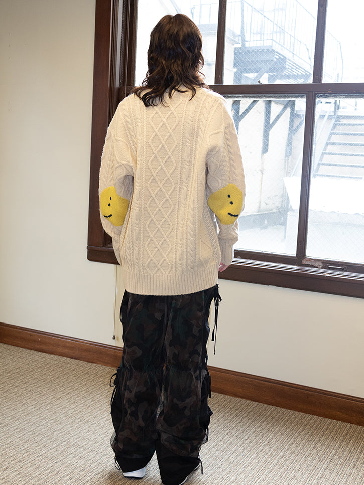 KAPITAL 5G WOOL CABLE KNITTING スマイリーパッチ 5G WOOL CABLE KNIT ELBOW-CATPITAL SWEATER KHAKI | Bodega