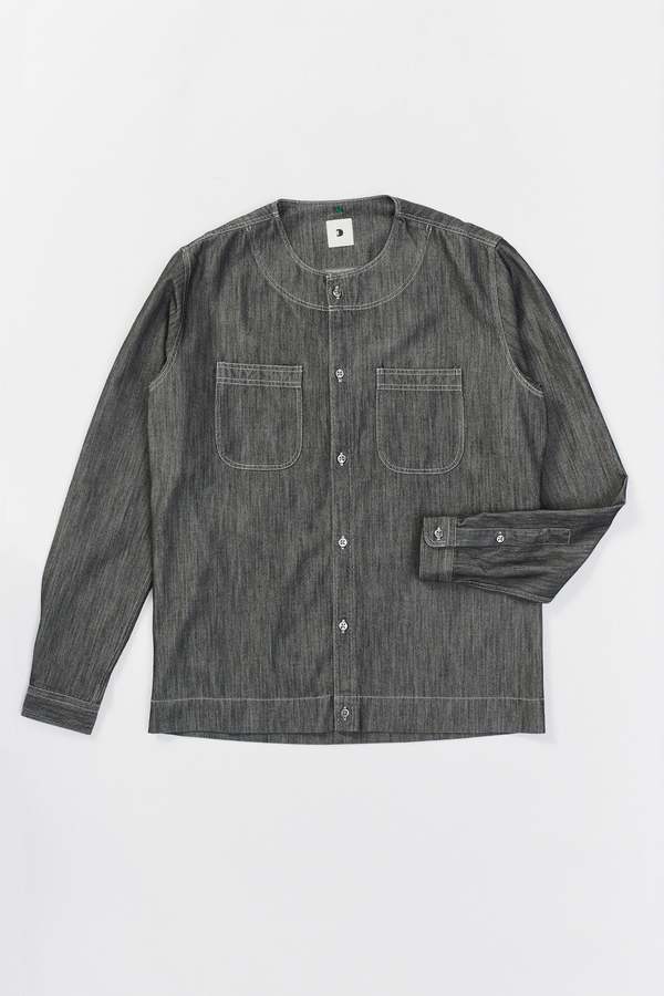 Delikatessen Collarless Carpenter Overshirt - Washed Grey Indigo
