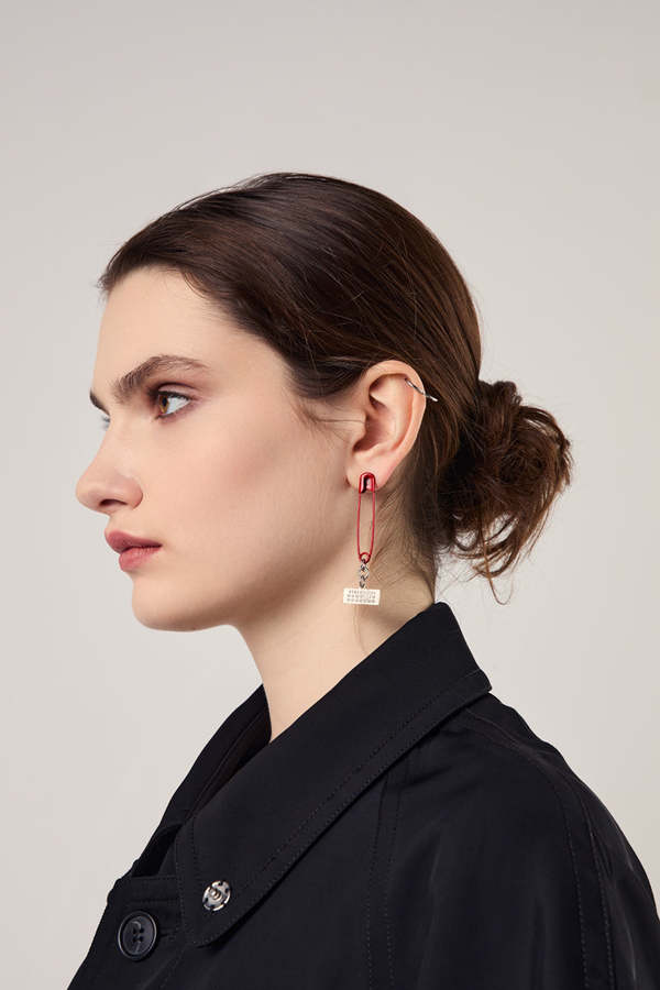 MM6 Maison Margiela Safety Pin Brass Earrings - Red | Garmentory