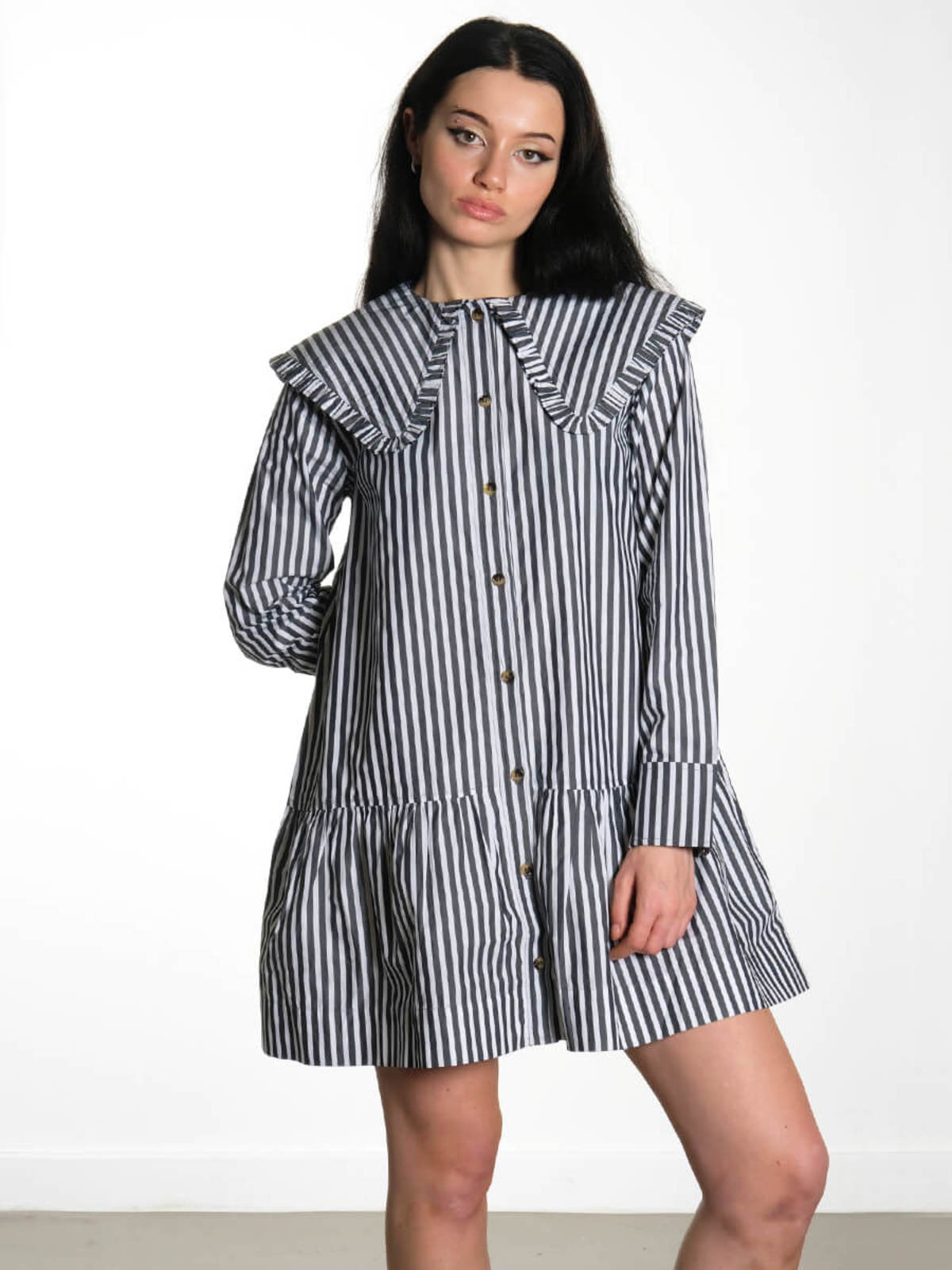 関税送料込♪GANNI/Black and White Stripe Mini Shirt Dress Ganni Black and White Stripe Mini Shirt Dress | Liberty