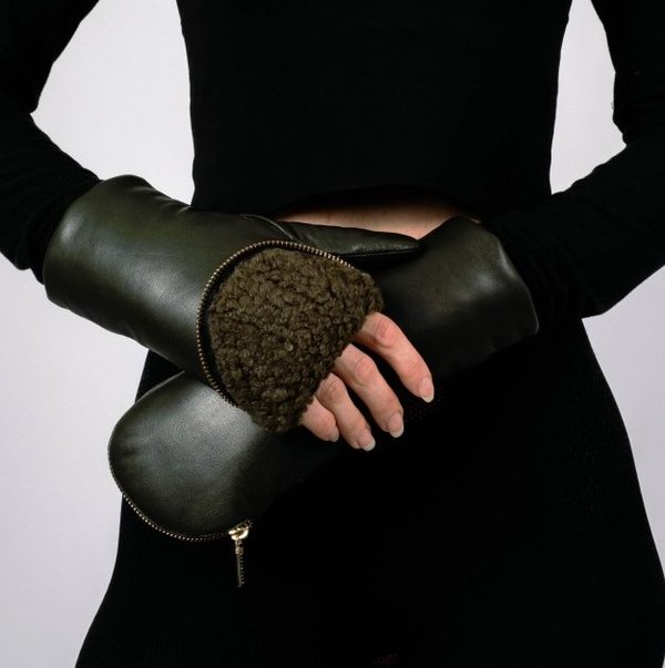 Aristide Lambskin / Fleece 1/2 Zip Mittens - Hunter/Kaki