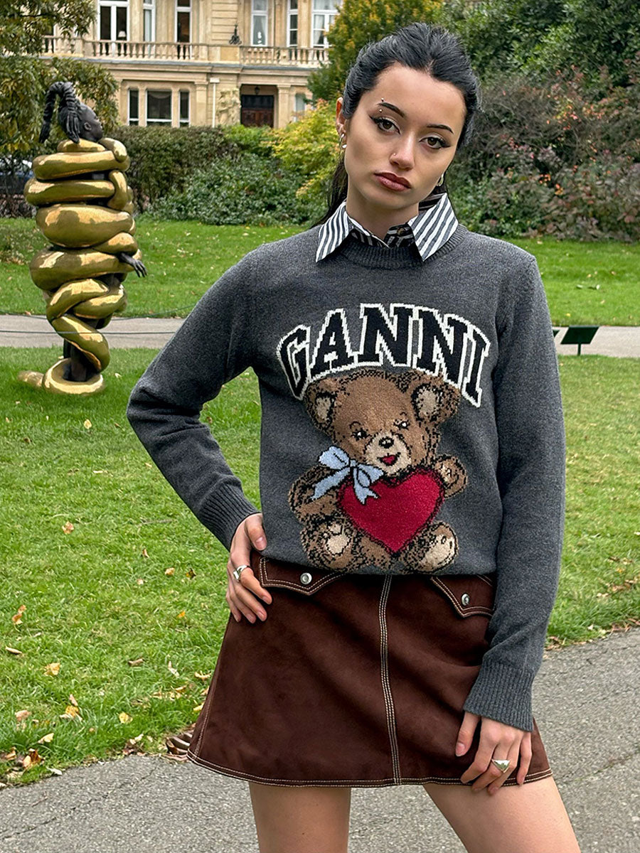 Ganni Graphic Bear Jumper - Dark Grey | Garmentory