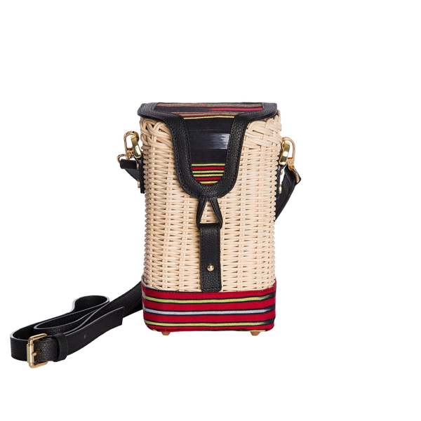 K'ai & Vrosi Leather Woven Straw Crossbody Bag - Black