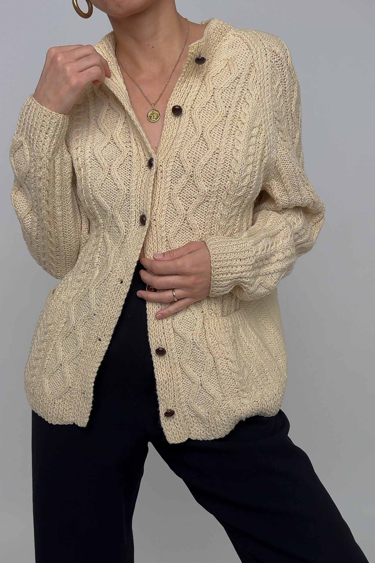 店舗良い Vintage Wool Knit Fisherman Cardigan Sweater - Ivory トップス