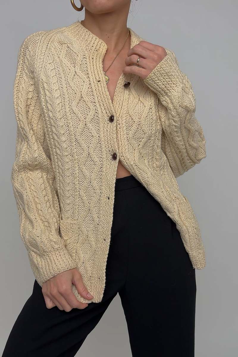 ◎ Vintage wool 100% Fisherman knit cream VINTAGE CLASSIC CREAM 100% WOOL HAND MADE FISHERMAN KNIT