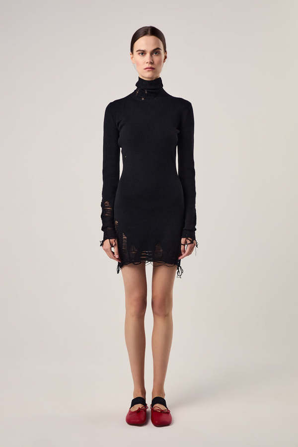 MM6 Maison Margiela Ripped Detailing Wool Mini Dress - Black