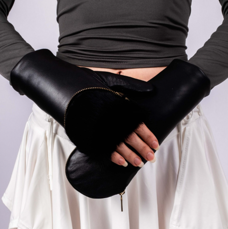 【ARISTIDE】 Rubbit Fur Mittens Aristide Lambskin / Rabbit Fur 1/2 Zip Mittens - Black