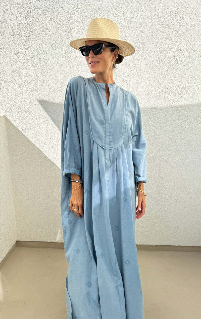 Two Bib front Caftan - Chambray Blue