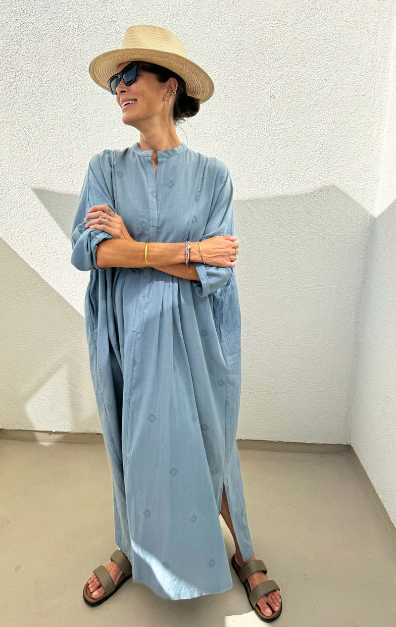 Two Bib front Caftan - Chambray Blue