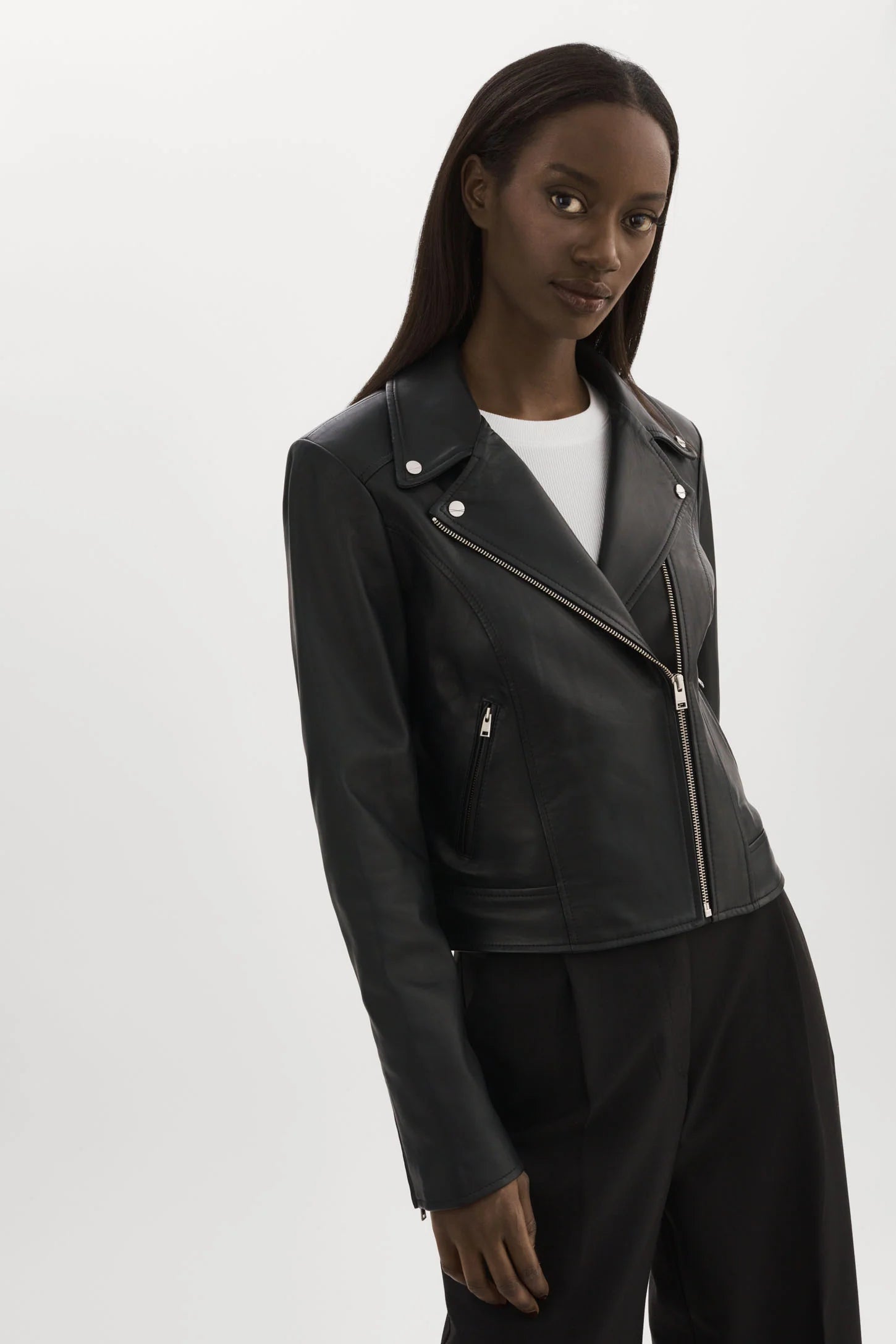 LAMARQUE Kelsey Leather Biker Jacket Black/Silver Garmentory