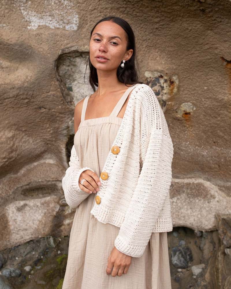 Honest Cotton Nora Crochet Cardigan - Cream/Black/White