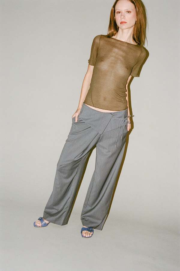 Deiji Studios Folded Wool Pant - Navy Stripe