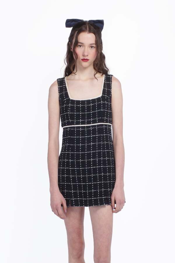 Anna Sui Windowpane Tweed Square Neck Mini Dress - Denim Multi | Garmentory