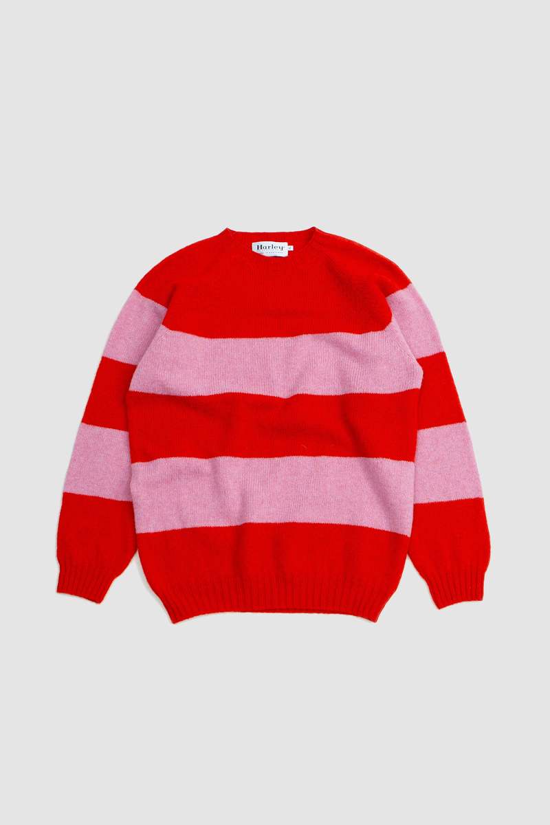 Harley of Scotland Block Stripe Crew Neck Sweater - Scarlet/Ballerina