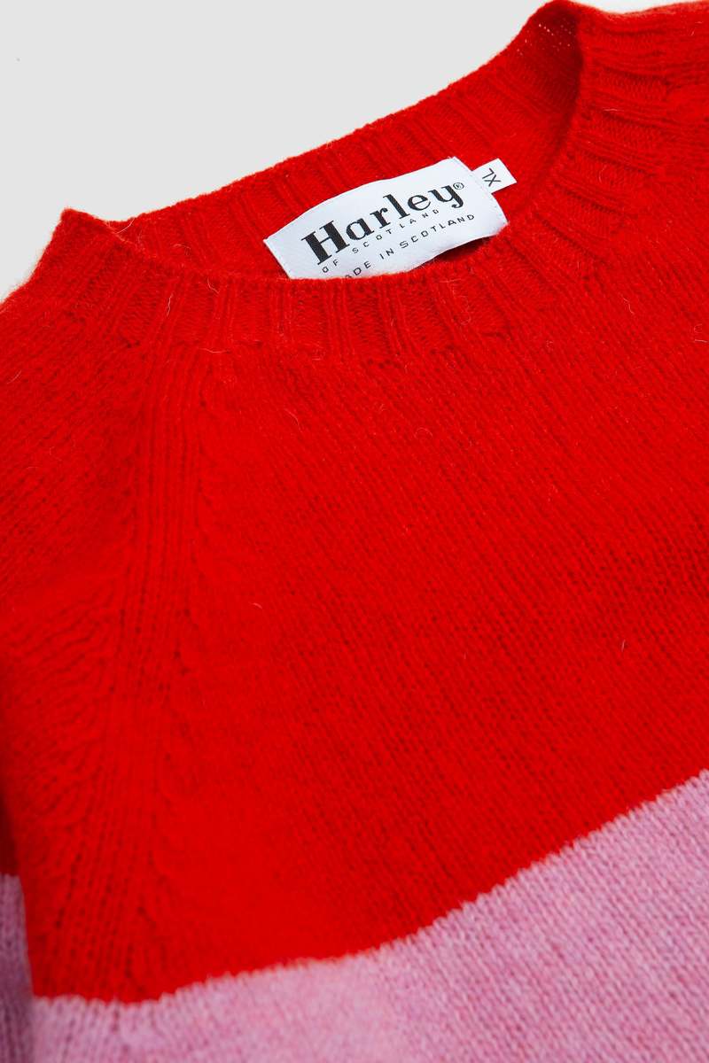 Harley of Scotland Block Stripe Crew Neck Sweater - Scarlet/Ballerina