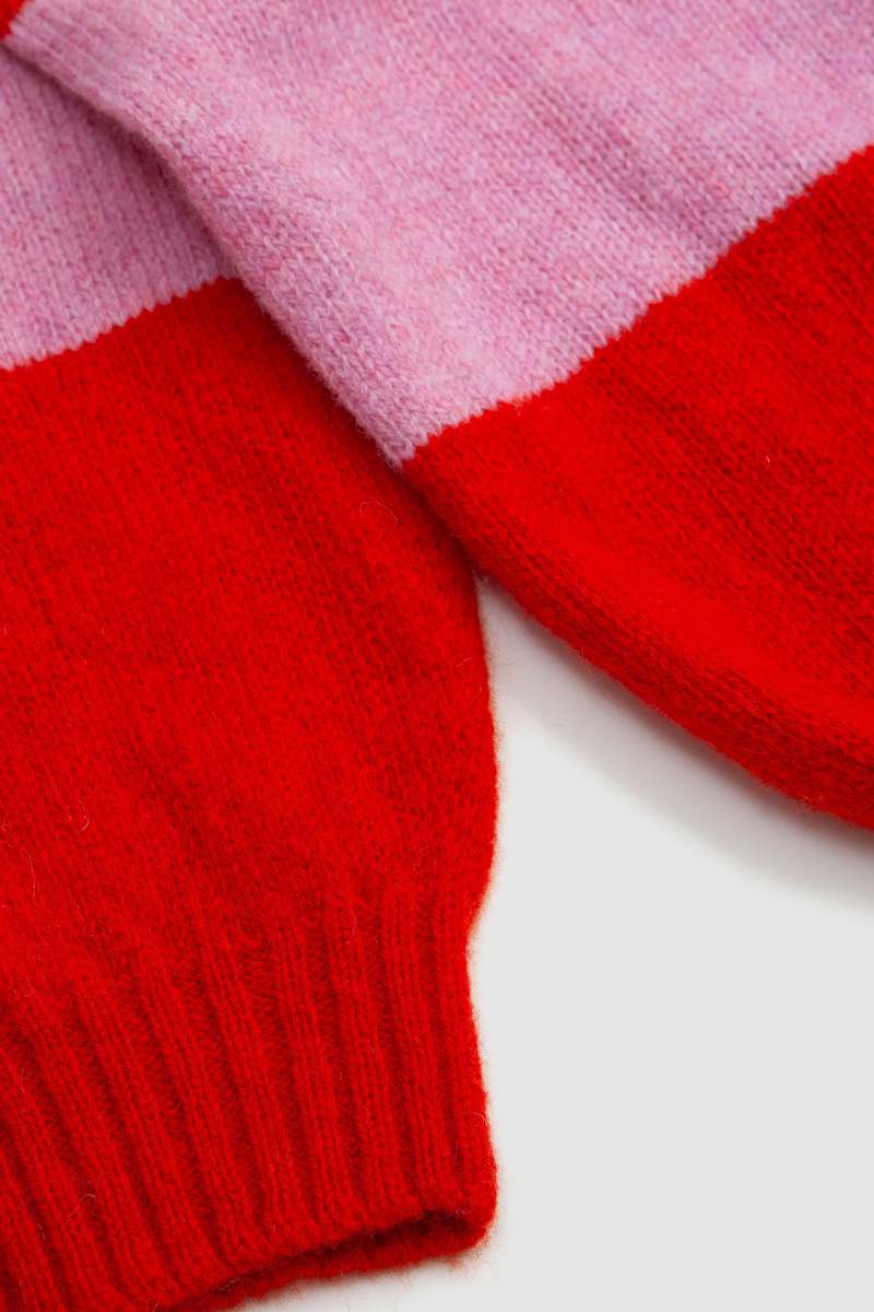 Harley of Scotland Block Stripe Crew Neck Sweater - Scarlet/Ballerina